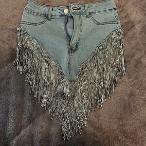 Akira “Gonna Love Me” waterfall denim rhinestone shorts in denim blue